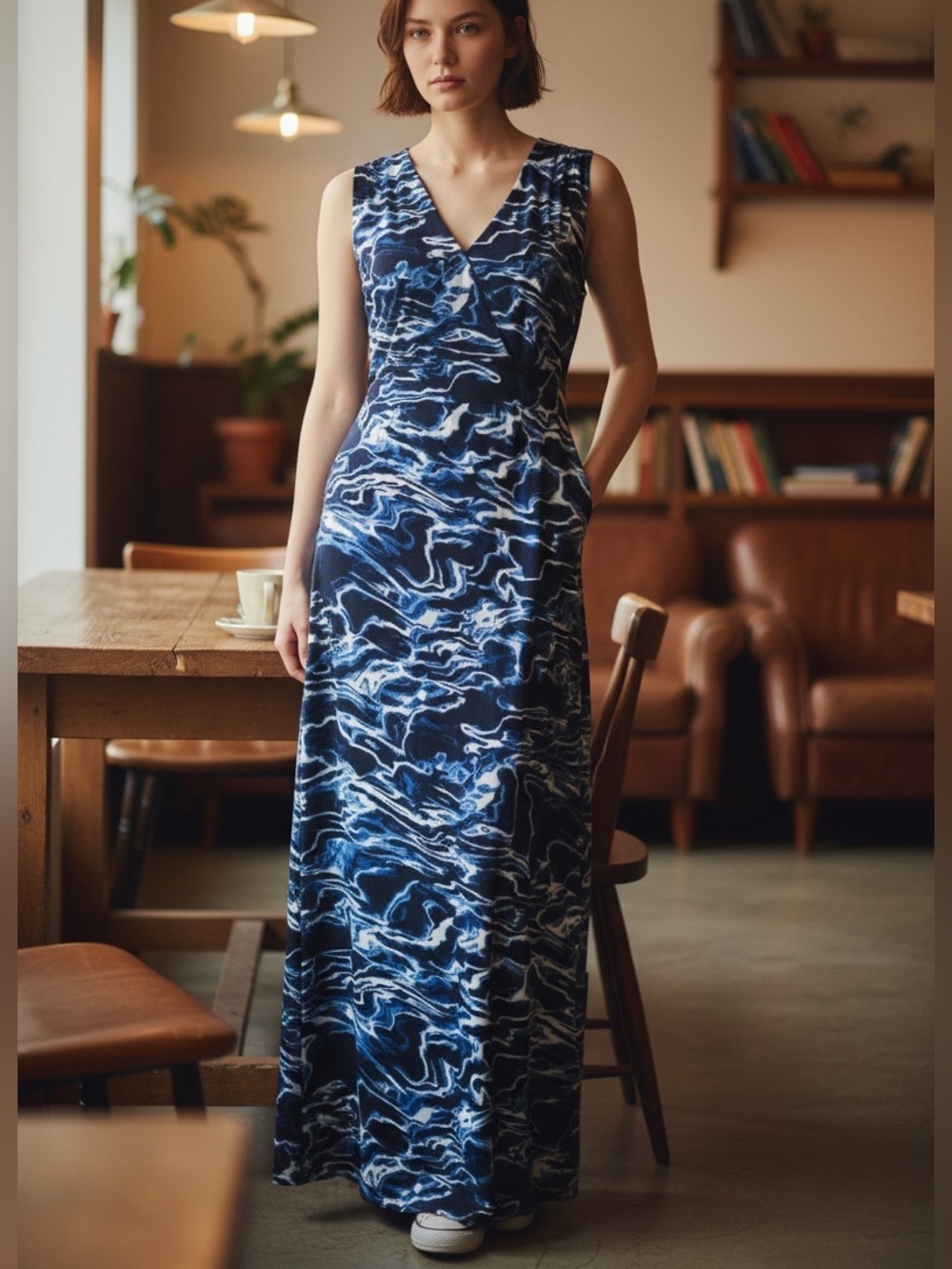 CHICO’S Maxi knit dress size 1, blue pattern, sleeveless, faux wrap bodice.